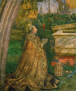 Vzkříšení. Papež Alexandr VI Borgia klečící před prázdným sarkofágem (nástěnná malba) od Bernardino di Betto Pinturicchio