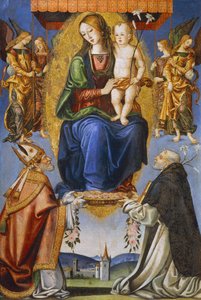 Madonna a dítě se svatým Severinem a Dominikem (tempera na plátně) od Bernardino di Mariotto