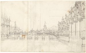 Capriccio paláců a lodžie s výhledem na klasický most od Bernardo Bellotto