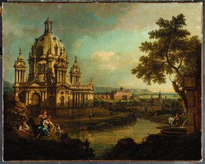 Capriccio s klenutým kostelem a budovami v Pirně, kolem roku 1765 od Bernardo Bellotto