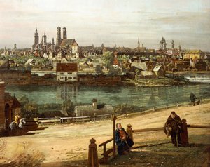 Pohled na Mnichov z Haidhausenu s řekou Isar uprostřed, detail od Bernardo Bellotto