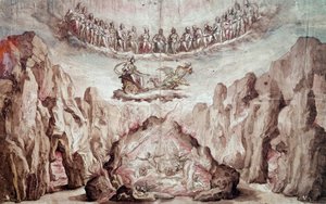 Projekt pro výzdobu a strojní zařízení meziproduktu, Le Tromphe de Circe. Kresba Bernardo Buontalenti dit delle Girandole (asi 1523-1608) Ne. 0,46x0,72 m. Paříž, muzeum Louvre