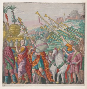 List 4: Muži nesoucí trofeje vlevo, trubači vpravo, z Triumph of Julius Ca..., 1599.