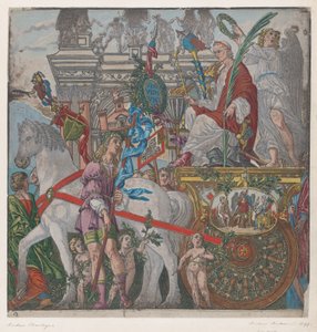 List 9: Julius Caesar ve svém voze taženém koňmi, z Triumf Julia Caesara, 1599.