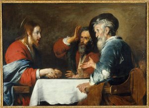 Kristus má Emauzy Kristus se zjevuje poutníkům sedícím u stolu v hostinci v Emauzích. Obraz Bernarda Strozziho (1581-1644) 1640 Ne. 1,24x1,72 m Grenoble, Musee des Beaux Arts od Bernardo Strozzi
