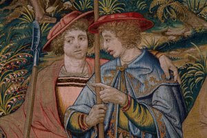 Vlámský gobelín. Seriál Založení Říma: Faustulus se setkává s Romulem a Remem. Karikaturista Barend van Orley (?). bruselská výroba. 1525-1530. Detail.