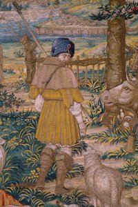 Vlámský gobelín. Seriál Založení Říma: Faustulus se setkává s Romulem a Remem. Karikaturista Barend van Orley (?). bruselská výroba. 1525-1530. Detail.