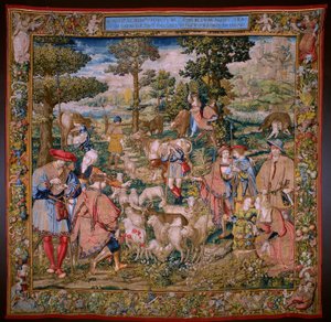 Vlámský gobelín. Seriál Založení Říma: Faustulus se setkává s Romulem a Remem. Karikaturista Barend van Orley (?). bruselská výroba. 1525-1530.