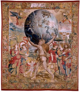Vlámský gobelín. Série The Spheres. Herkules podporující nebeskou sféru (Hércules sostiene la esfera celeste). První tapisérie v sérii. Model Barend van Orley nebo Pieter Coecke van Aelst. 1525-1530. Výroba Joris Vezeleer (Georg Wezeler)?, B