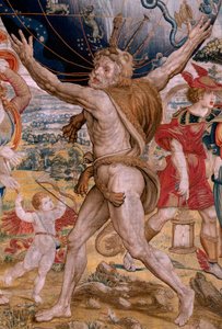Vlámský gobelín. Série The Spheres. Herkules podporující nebeskou sféru (Hércules sostiene la esfera celeste). První tapisérie v sérii. Model Barend van Orley nebo Pieter Coecke van Aelst. 1525-1530. Výrobce Joris Vezeleer (Georg Wezeler)?,