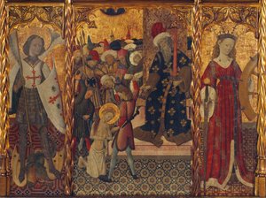 Svatý Michael a svatá Kateřina, rámování mučednické smrti svaté Eulálie z Barcelony (289-304) - Malba Bernata Martorella (1390-1452), tempera na dřevě (143,5x188 cm), cca 1442-1445 - Svatý Michael, Umučení sv. Eulalie a Svatá Kateřina, Tem