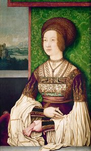 Rodina císaře Maxmiliána I.: portrét císařovny Biancy Marie (Blanche-Marie) Sforza (1472-1510)"" - Portrét Biancy Marie Sforzy (1472-1510), druhé manželky Maxmiliána I., císaře Svaté říše římské od Strigela, Bernharda (asi 1460-1528) (nebo l
