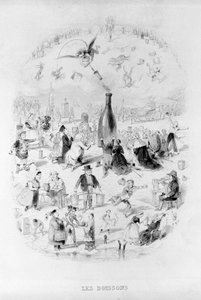 Nápoje: dav v adoraci před lahví vína a různé druhy nápojů v Brillat - Savarin ilustrované Bertallem. Paříž 1840.Jean Anthelme Brillat Savarin (Brillat-Savarin) (1755-1826) francouzský gastronom.