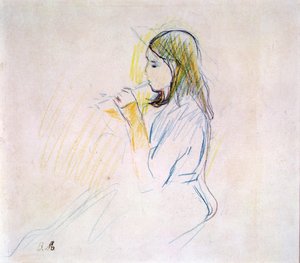 Manetova dcera hraje na zobcovou flétnu (barevná tužka na papíře) od Berthe Morisot