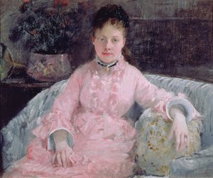 Portrét ženy v růžových šatech od Berthe Morisot