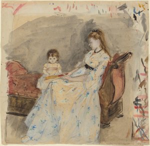 The Artists Sestra, Edma, se svou dcerou, Jeanne, 1872 (wc nad grafitem na papíře) od Berthe Morisot