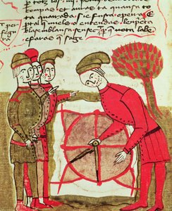 Ms 327 fol.216v Geodeti pracující s plánem a kompasem, z Traite dArpentage od Arnauda de Villeneuve (1240-1312)