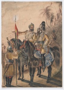 Dva jízdní důstojníci a sesedající sowar, 4. bengálská nepravidelná kavalérie, kolem roku 1850 (akvarel) od Bethune Donald Grant