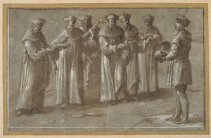 Šest profesorů anatomie, diskutujících o lebce a stažených končetinách (pero a hnědý inkoust s hnědým praním a zvýrazněním) (viz také 404475)