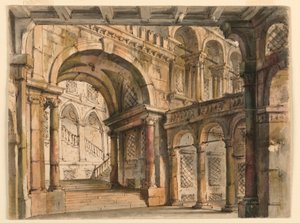 Scénografie, nádvoří paláce a schodiště od Bibiena Family, 1657