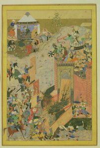Útok na hrad, Perština, Timurské období (1370-1506) cca 1475-1500 (wc a plátkové zlato na papíře) od Bihzad attr. to Bihzad attr. to