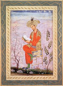 Babur (r.1526-30) Reading, Mughal (akvarel na papíře) od Bishn Das