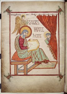 Bavlna Nero D. IV, f.25v sv. Matouš, psaní se svým symbolem, z Lindisfarnských evangelií, 710-721 (vellum) od Bishop of Lindisfarne Eadfrith
