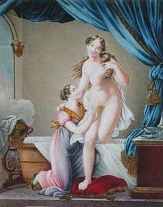 Žena vylézající z vany za pomoci své služebné, kolem roku 1820 (barevná rytina) od Blaizot (after)