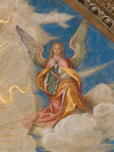 Apse, Catino Apse, Boccaccio Boccaccino, Pantokrator mezi svatými Marcellino, Imerio, Omobono, Peter Exorcista, Detail Angel vpravo od Boccaccio Boccaccino