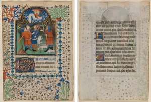 List z knihy hodin: Zvěstování pastýřům (recto) a text (verso) od Boethius Illuminator