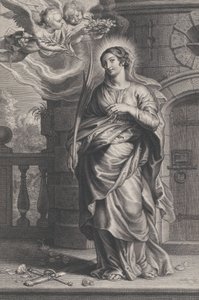 Svatá Barbora držící palmové listy s mečem a květinami u nohou, dva putti o..., ca. 1625-59.