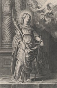 Svatá Kateřina drží palmové listy a meč, nad hlavou dva putti držící laure..., ca. 1625-59.