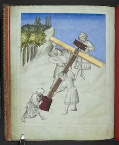 Add 24189, f.11v, Montáž Kristova kříže, ze čtyř různých druhů dřeva, vyobrazených v různých barvách, z „Picture Book of Sir John Mandeville