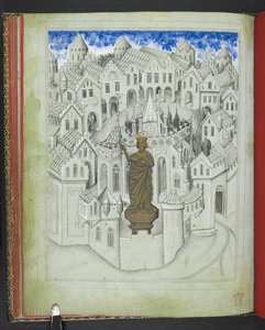 Přidat 24189, f.9v, Město Konstantinopol s velkou sochou císaře Justiniána stojícího před katedrálou sv. Sofie z „Obrazové knihy cest sira Johna Mandevilla“, kolem roku 1410 (vellum) od Bohemian School