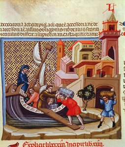 Nakládání zboží na loď z rukopisu „Justinian Institutiones Feodorum et Alia“, c.1300 (vellum)