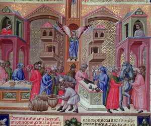 Cech obchodníků, z rukopisu „Justinian Institutiones Feodorum et Alia“, kolem 1300 (vellum)