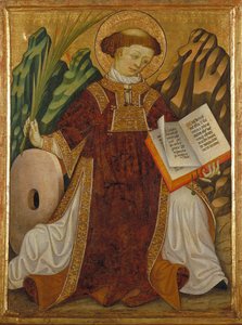 Svatý Vincent ze Zaragozy (4. století) (v kostýmu jáhna, který čte Bibli a drží dlaň mučedníků, poblíž mlýnského kamene jeho mučení) - Malba Bonanata Zaortiga (aktivní 15. století), tempera na dřevě (80,2x61 , 5 cm), kolem roku 1430 - Svatý Vincent,