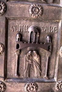 Panel zobrazující Navštívení na Porta di S. Ranieri od Bonannus of Pisa