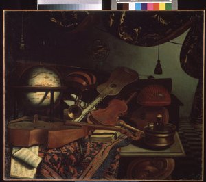""Zátiší s hudebními nástroji"" (Zátiší s hudebními nástroji) Glóbus, flétna, partitura, viola, kytara. Obraz Bonaventury Bettera (1663-1718) 1715 Puškinovo muzeum, Moskva od Bonaventura Bettera