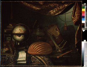 ""Zátiší s hudebními nástroji"" (Zátiší s hudebními nástroji) Glóbus, flétna, partitura, viola, kytara. Obraz Bonaventury Bettera (1663-1718) 1715 Puškinovo muzeum, Moskva od Bonaventura Bettera