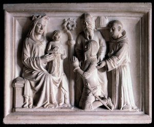 Panna představuje Ježíše třem lidem (socha od Bonino da Campione