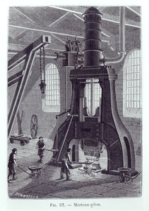 Kladivo Le Creusot, ilustrace ke knize o průmyslových strojích, asi 1880 (čb fotografie) od Bonnafoux