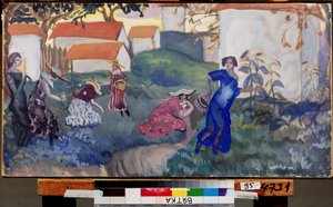 Léto. Ženy běží a hrají si na zahradě před domy. Dílo Borise Dmitrijeviče Grigorjeva (1886-1939), akvarel a kvaš na papíře od Boris Dmitrievich Grigoriev