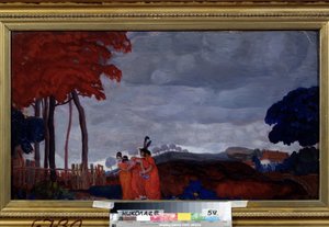 ""Bolest mladé dívky"" Dvě ženy oblečené v červeném obklopují třetí, oslabenou žalem. Obraz Borise Grigorjeva (1886-1939) 1912 Regionální muzeum umění W. Wereshchagina, Mykolajiv od Boris Dmitrievich Grigoriev