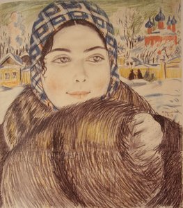 Mladá kupecká manželka v kostkovaném šátku, 1919 od Boris Mikhailovich Kustodiev