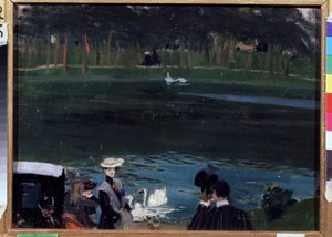 Bois de Boulogne. Jezero s labutěmi a chodci. Obraz Boris Michaylovič Kustodiev (Kustodiev) (1878-1927), olej na plátně od Boris Mikhailovich Kustodiev