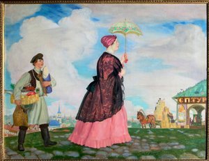 Obchodník žena s jejími nákupy. (Obchodní žena s nákupy). Na zpáteční cestě jde za elegantní ženou pod slunečníkem úředník, který jí vozí nákup. Obraz Boris Michaylovič Kustodiev (Kustodiev) (1878-1927), olej od Boris Mikhailovich Kustodiev