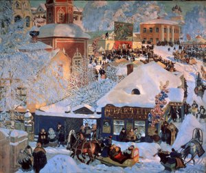 Zima, Mardi Gras (Zima, Schrovetide). Tradiční slavnosti v zasněžených ulicích provinčního města. Kromě popisu městských budov, shluků balónů, kolotoče, výloh taveren a saní tažených od Boris Mikhailovich Kustodiev