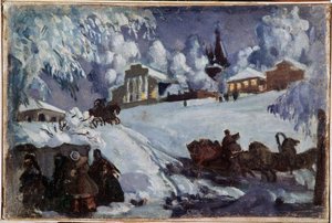 Zima, saně (Winter. Jízda na saních). Obraz Boris Michaylovič Kustodiev (Koustodiev) (1878-1927), olej na plátně, kolem roku 1920. Ruské umění, počátek 20. století. Soukromá sbírka. od Boris Mikhailovich Kustodiev