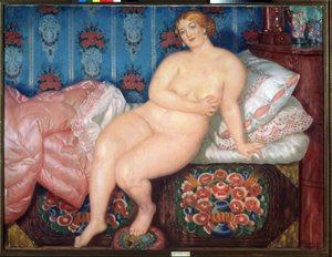 Krása (The Beauty). Portrét tlusté nahé blondýny, usmívající se, skromným gestem, aby si skryla hruď, napůl sedící na neustlané posteli. Obraz Boris Michaylovič Kustodiev (Kustodiev) (1878-1927), olej na plátně